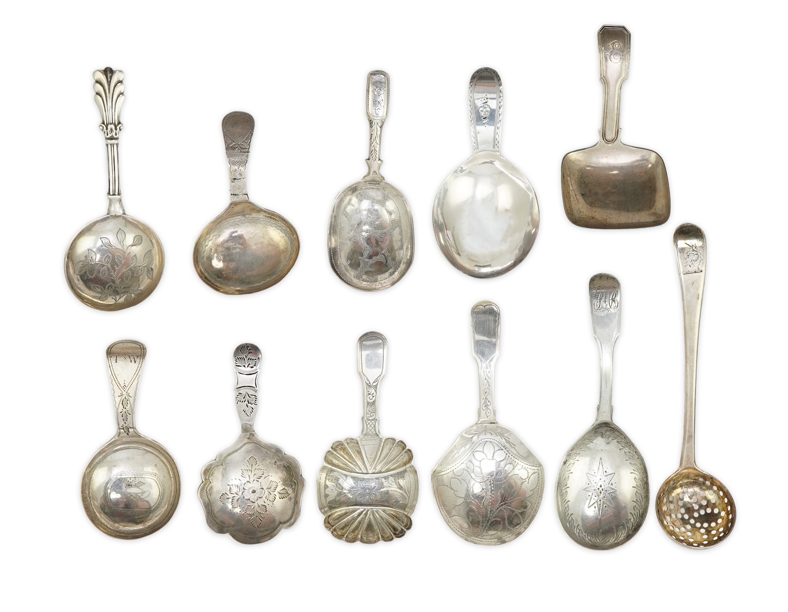 Ten assorted manly 19th century silver caddy spoons